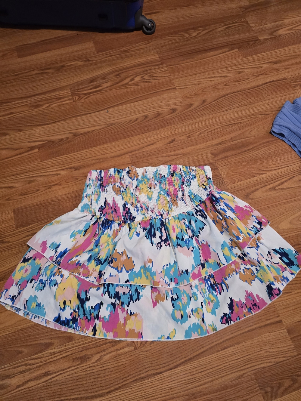 Strapless Top Smocked Waist Floral Abstract Print Shirt - White Multicolor